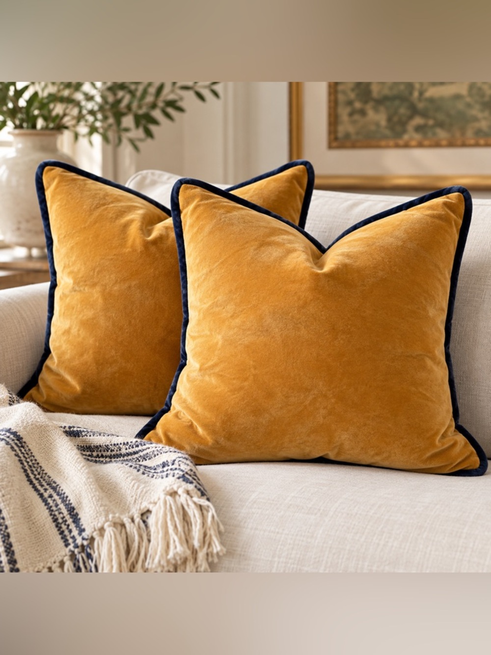 Surya Set of 2 Mustard Gold Cotton Velvet Pillow Covers Navy Trim 20x20